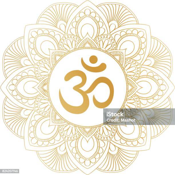 Or Symbole Aum Om Ohm En Ornement Décoratif Rond Mandala Vecteurs libres de droits et plus d'images vectorielles de Symbole om