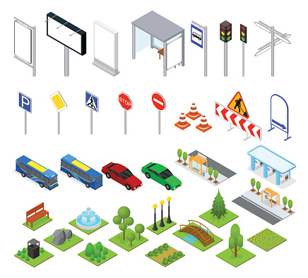 Street and Park Objects Set Isometric View. Outdoor Object in City, Urban Design Elements. Vector illustration