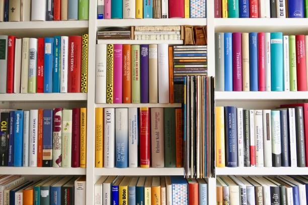 istock Filled book shelves with books, old vinyls, compact discs and cassettes 824208966