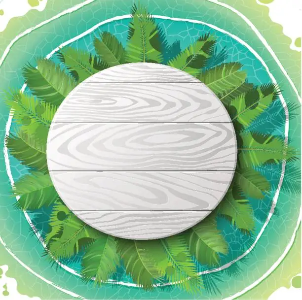 Vector illustration of Vector illustration of wooden circle shaped empty emblem on palm leaves in water.