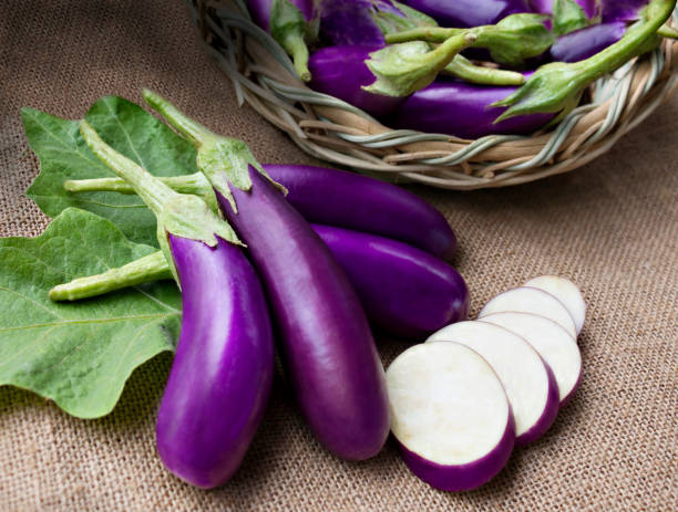 istock Raw violet eggplant in a wicker basket on sackcloth. 824219850