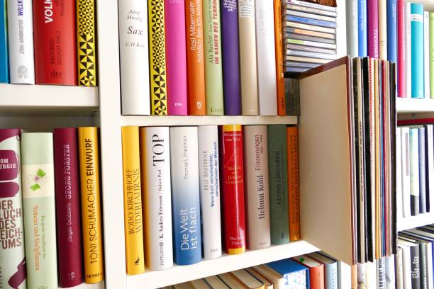 istock Filled book shelves with books, old vinyls and compact discs 824221114