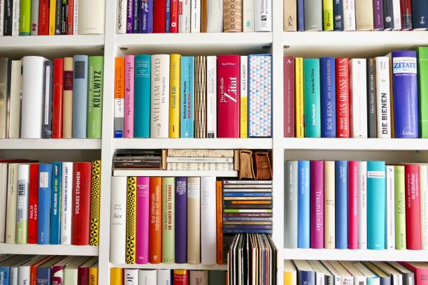 istock Filled book shelves with books, old vinyls, compact discs and cassettes 824223300