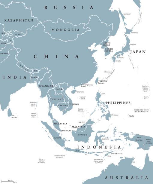 East Asia political map East Asia political map with countries and borders. Eastern subregion of the Asian continent with China, Japan, Mongolia and Indonesia. English labeling. Gray illustration on white background. Vector. indonesia stock illustrations