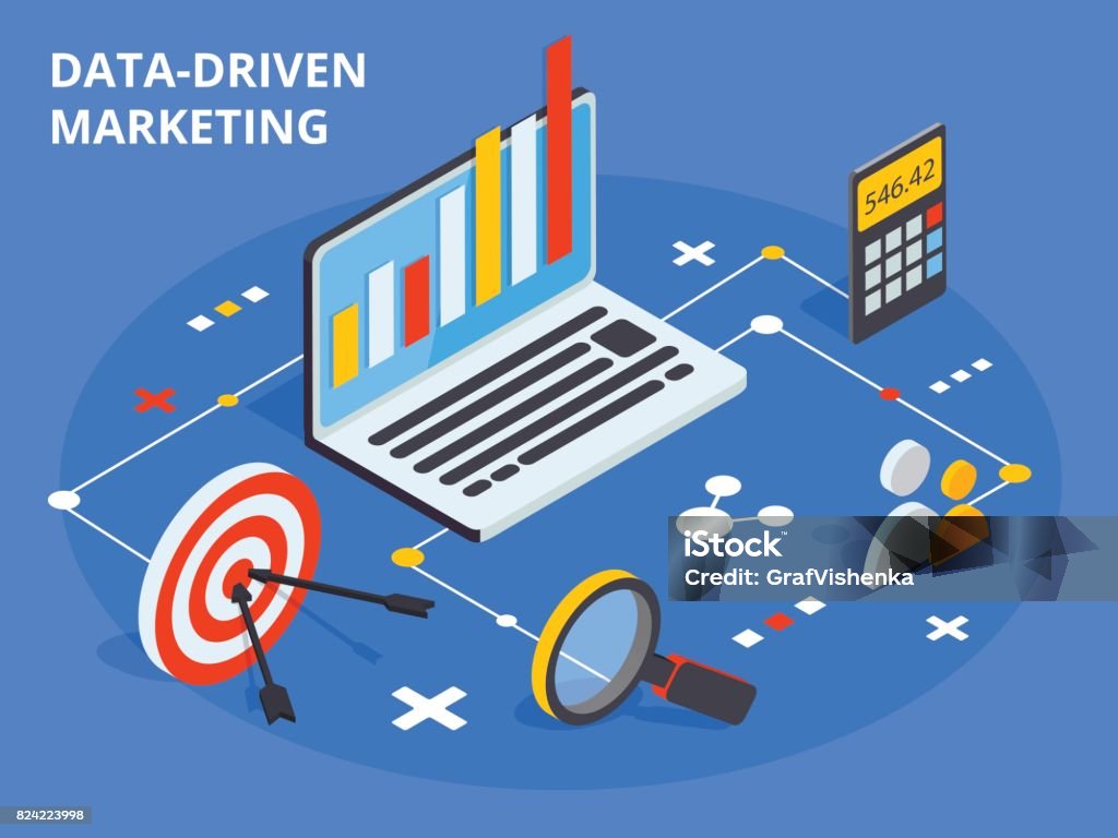 Data driven marketing concept in isometric design. Business grow Data driven marketing concept in isometric design. Business growth analytics or strategy development. Vector illustration. Marketing stock vector