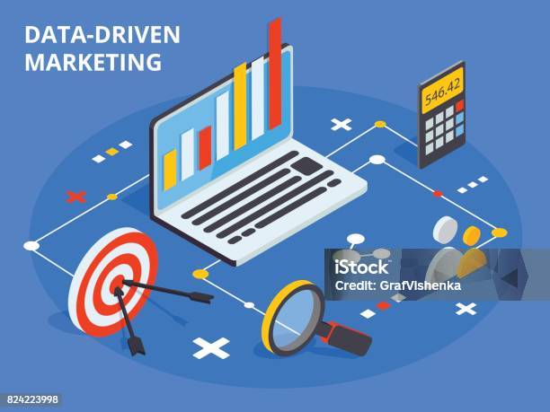 Data Driven Marketing Concept In Isometric Design Business Grow Stock Illustration - Download Image Now