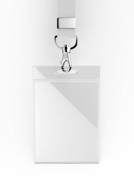 Identification blank plastic id cards set with clasp and lanyards isolated on grey background 3d render illustration.