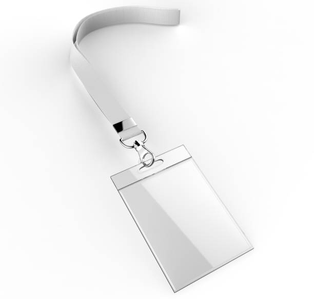 istock Identification blank plastic id cards set with clasp and lanyards isolated on grey background 3d render illustration. 824226616