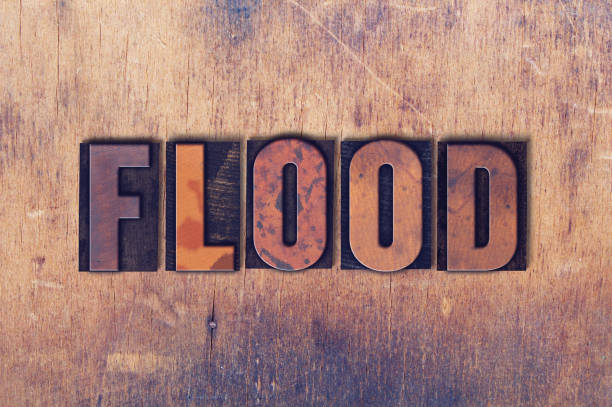 The word Flood concept and theme written in vintage wooden letterpress type on a grunge background.