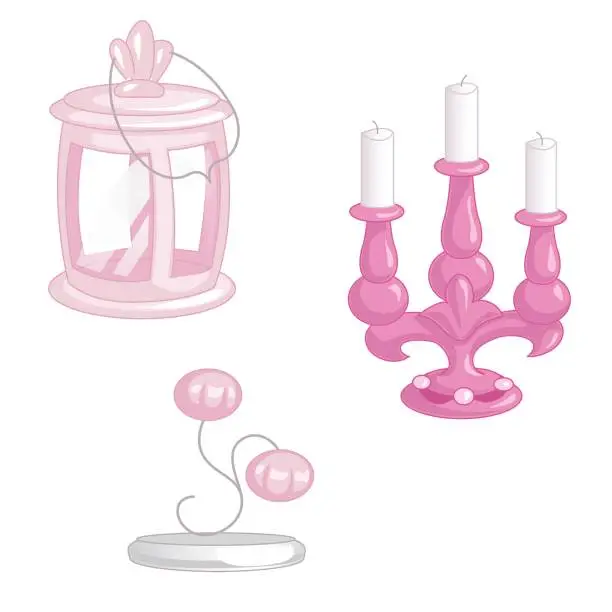 Vector illustration of Set of pink vintage lighting objects isolated on white background. Camping lantern, candlestick on three candles and sconce. Retro lamp vector illustration.