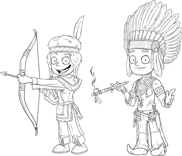 Vector illustration of Cartoon indian chief with pipe young warrior character vector set