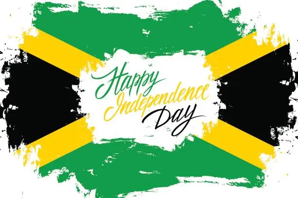 Vector illustration of Jamaica Happy Independence Day greeting card with jamaican flag brush stroke background and hand lettering text design.