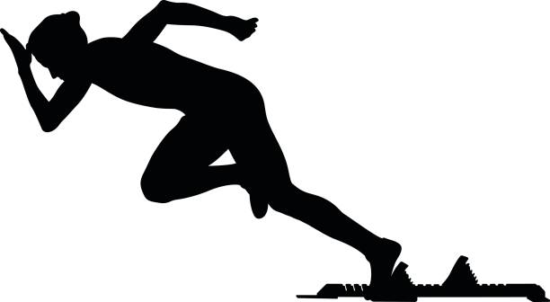 illustrazioni stock, clip art, cartoni animati e icone di tendenza di esplosivo inizio donna runner - track and field athlete