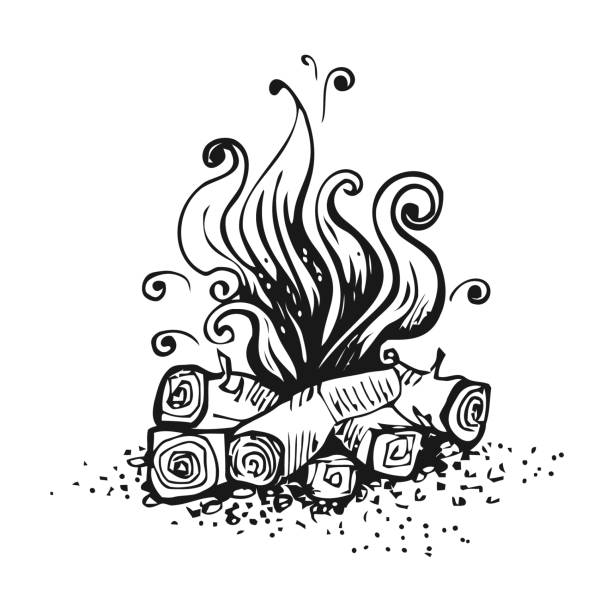 ilustrações, clipart, desenhos animados e ícones de fogueira, fogo sobre troncos de madeira. ilustração em vetor gráfico preto e branco, isolada no branco. - computer icon flame symbol black and white