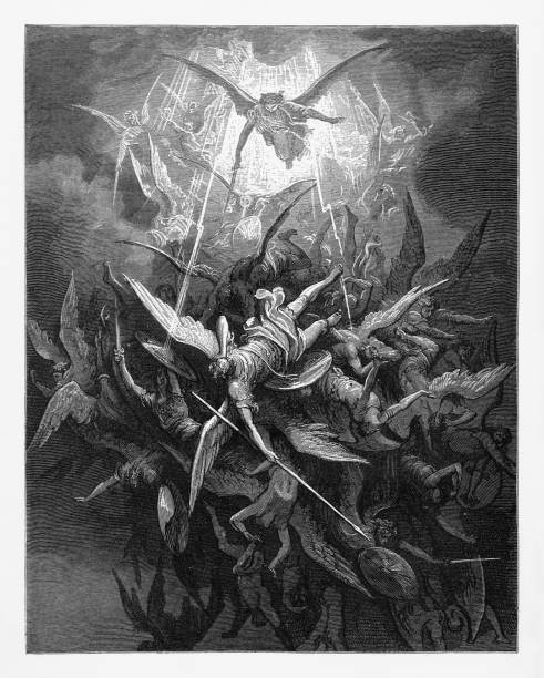 ilustrações de stock, clip art, desenhos animados e ícones de him the almighty power victorian engraving, 1885 - devil demon hell evil