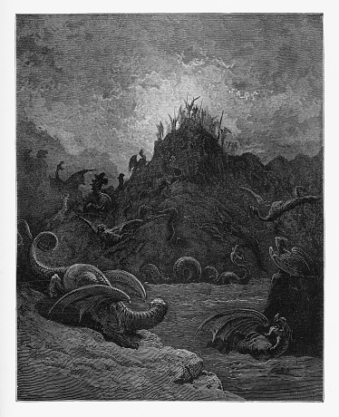 Very Rare, Beautifully Illustrated Antique Engraving of Gorgons, and Hydras and Chimeras dive, Victorian Engraving, 1885. Source: Original edition from my own archives. Copyright has expired on this artwork. Digitally restored.