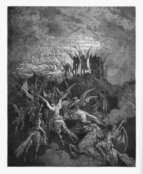Heavenly Hands Victorian Engraving, 1885 Very Rare, Beautifully Illustrated Antique Engraving of The Heavenly Hands Down from a sky of Jasper Lighted Now in Paradise, Victorian Engraving, 1885. Source: Original edition from my own archives. Copyright has expired on this artwork. Digitally restored. spiritual warfare stock illustrations