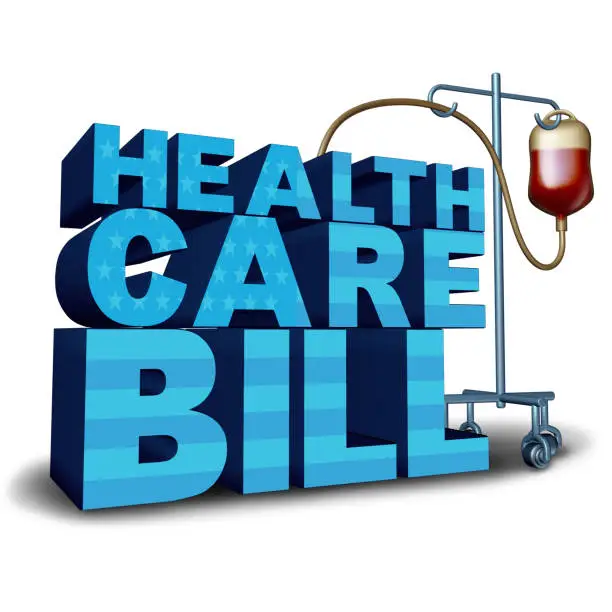 United States health care bill concept and American medical insurance legislation symbol as text with a hospital intravenous blood bag as a government medicine idea with 3D illustration elements.
