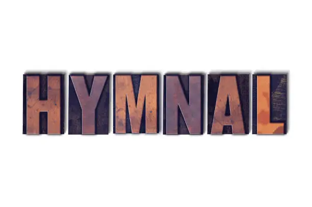 The word Hymnal concept and theme written in vintage wooden letterpress type on a white background.