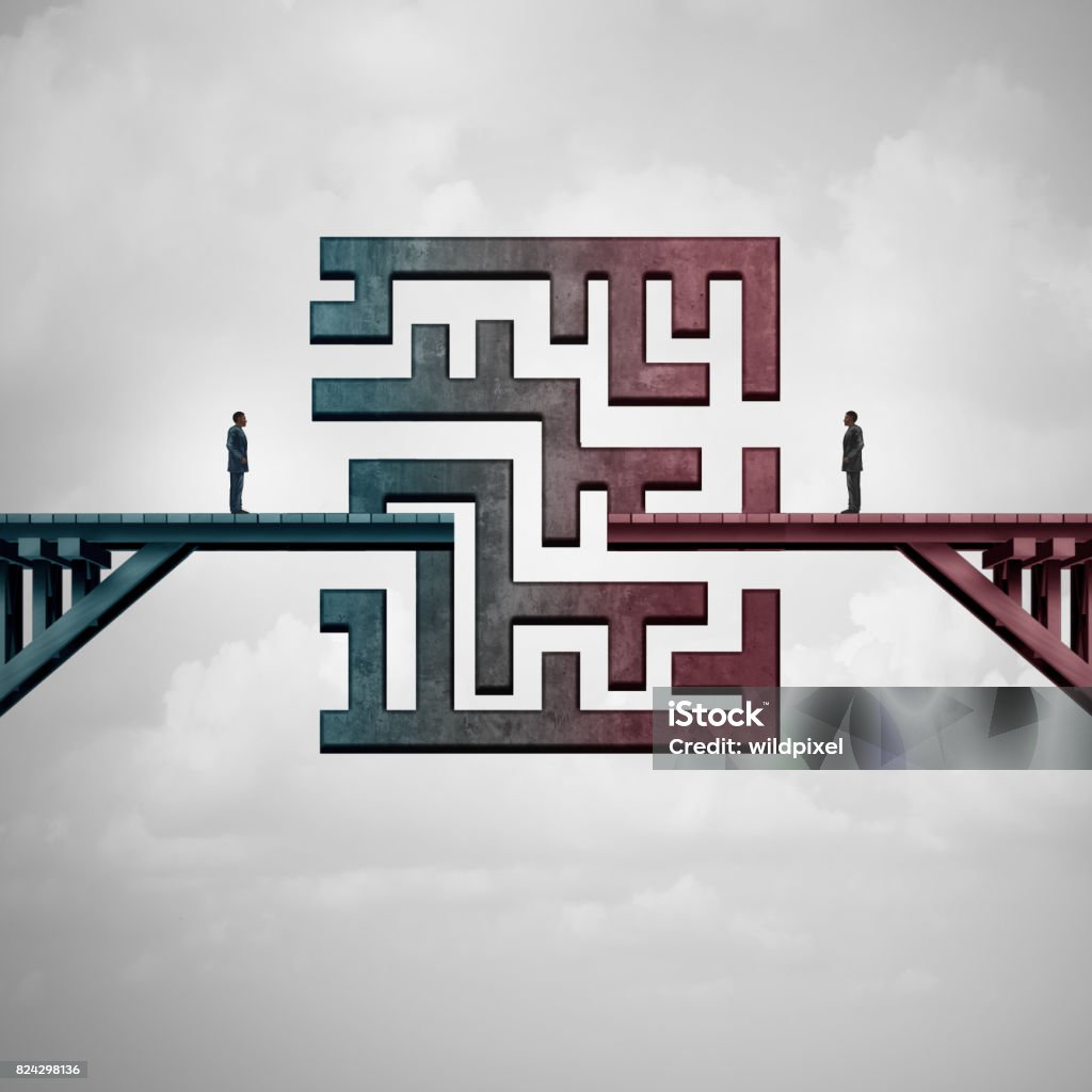 Business Meeting Challenge Business meeting challenge and communication solution concept as a bridge with a maze dividing two business people as a metaphor for team strategy with 3D illustration elements. Challenge Stock Photo