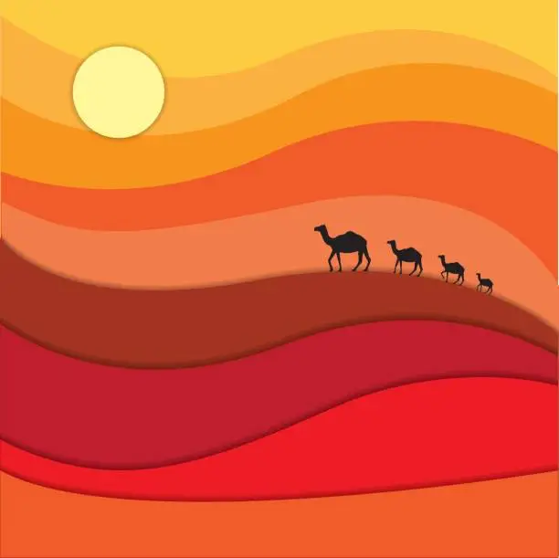 Vector illustration of Camels caravan across desert