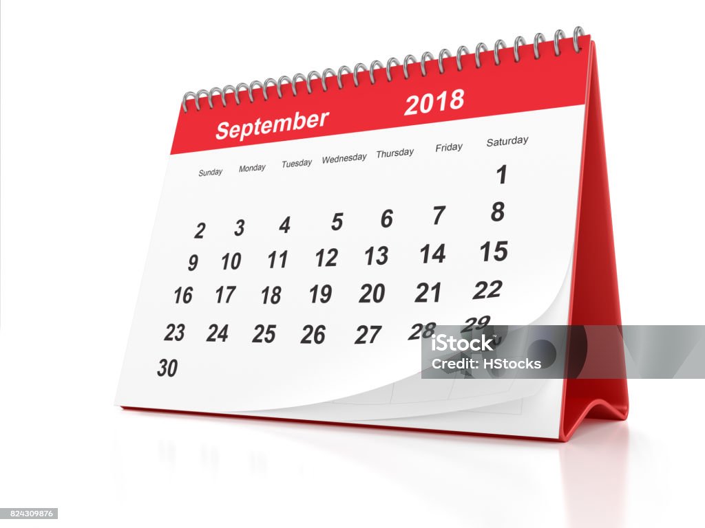 September 2018 Desktop Calendar with Red Plastic on White Background 2018 September page of a desktop calendar on white background. 3D Rendering. 2018 Stock Photo