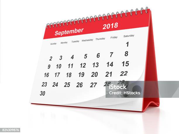 September 2018 Desktop Calendar With Red Plastic On White Background Stock Photo - Download Image Now