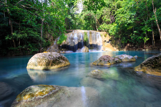 wodospad erawan w kanchanaburi, tajlandia - tropical rainforest thailand root waterfall zdjęcia i obrazy z banku zdjęć