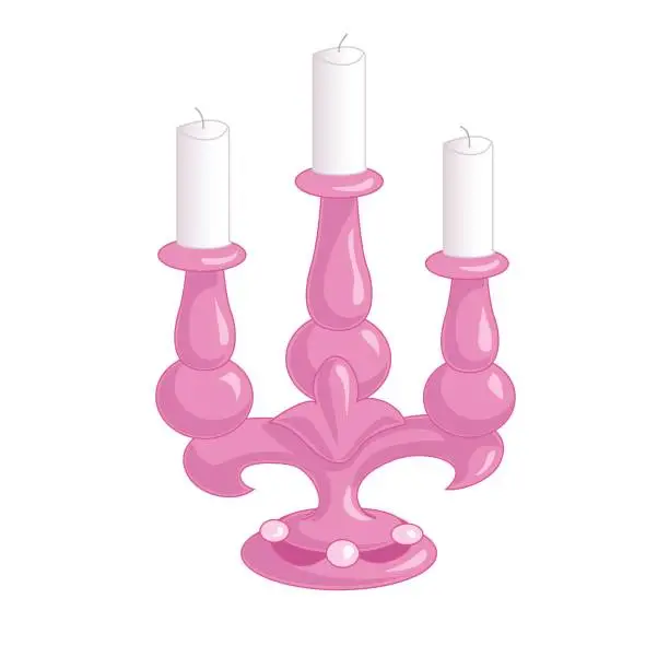 Vector illustration of Pink candlestick on three candles isolated on white background. Vintage household items. Cartoon drawing vector illustration.