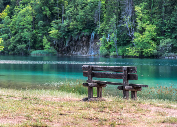 istock Empty bench on the waterfront with an amazing view of a lake 824328596