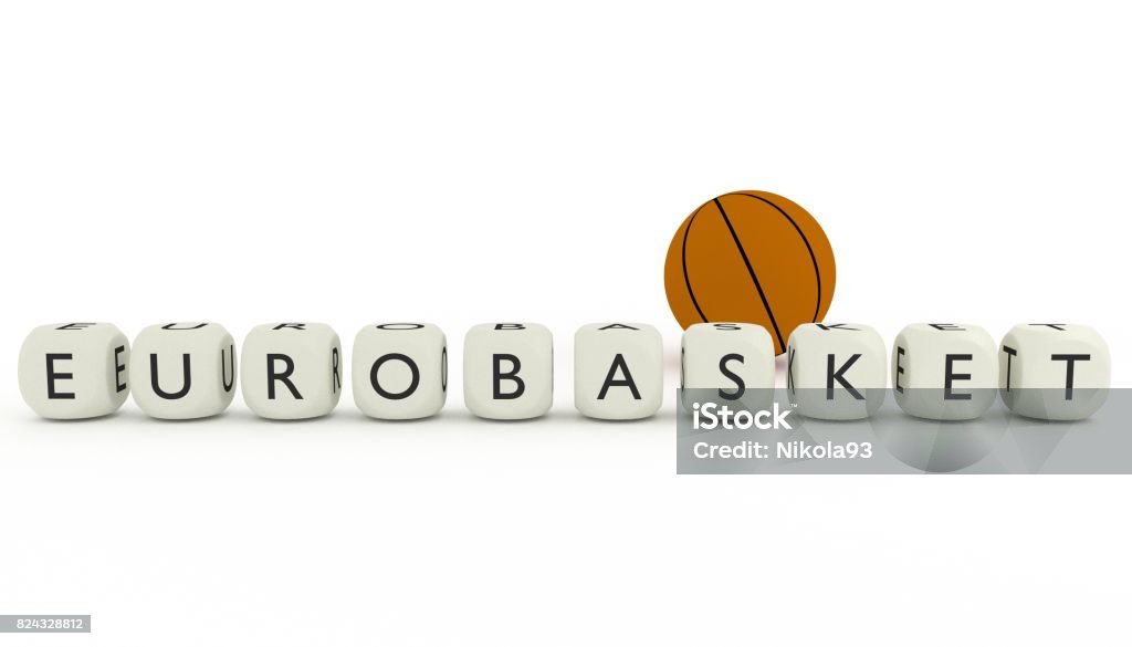 Word EUROBASKET written on dices. EUROBASKER written on dices with a ball behind them. FIBA EuroBasket Stock Photo