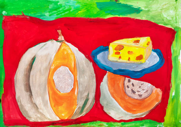 istock Children's drawing. Still life with  pumpkin and plate of cheese 824345062