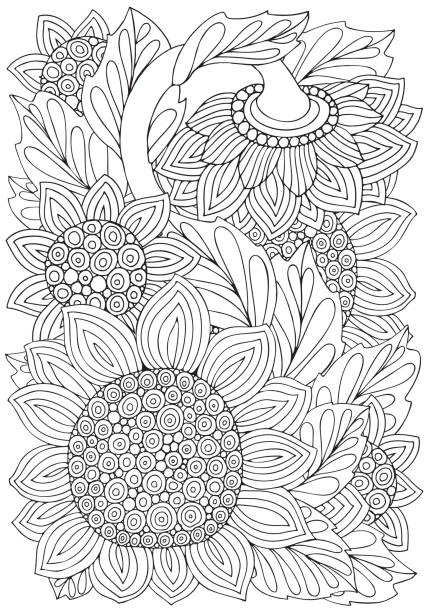 illustrations, cliparts, dessins animés et icônes de coloriage livre avec tournesols et feuilles de style zentangle. illustration vectorielle de noir et blanc. doodle, dessiné, anti stress à la main. format a4. - adulte