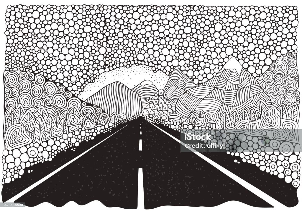 Long car highway stretching into the distance and mountains. landscape. Anti stress Coloring Book page for adult. Black and White vector Coloring Book Page - Illlustration Technique stock vector