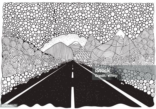 Long Car Highway Stretching Into The Distance And Mountains Landscape Anti Stress Coloring Book Page For Adult Black And White Vector Stock Illustration - Download Image Now