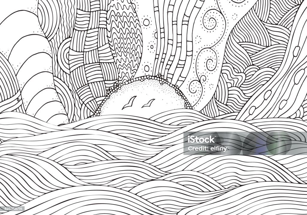 Black and white fantasy picture with sun and sea. Beach landscape. Pattern for adult Coloring book. Hand-drawn, ethnic, doodle, vector. Black and white fantasy picture with sun and sea. Beach landscape. Pattern for adult Coloring book page. Hand-drawn, ethnic, doodle, vector, tribal. Coloring Book Page - Illlustration Technique stock vector