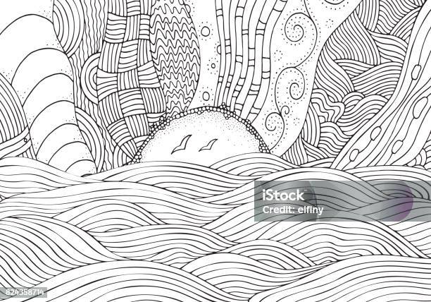 Black And White Fantasy Picture With Sun And Sea Beach Landscape Pattern For Adult Coloring Book Handdrawn Ethnic Doodle Vector Stock Illustration - Download Image Now