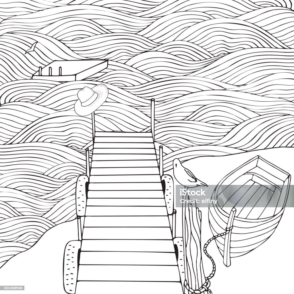 Old wooden pier. Seascape. Coloring book page for adult. Waves, sea, art background. Black and white. Old wooden pier. Seascape. Coloring book page for adult. Waves, sea, art background. Hand-drawn, doodle, vector,  tribal design elements. Black and white. Coloring Book Page - Illlustration Technique stock vector