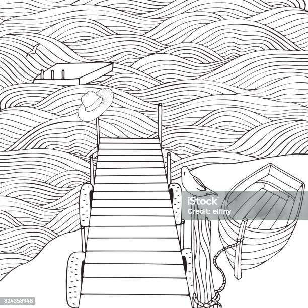 Old Wooden Pier Seascape Coloring Book Page For Adult Waves Sea Art Background Black And White Stock Illustration - Download Image Now