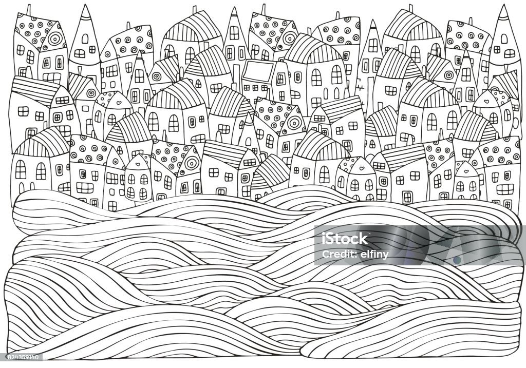 Sea Waves and houses. Seaside, homes, boat, sea, art background. Hand-drawn doodle vector. Black and white pattern for adult coloring book. Coloring Book Page - Illlustration Technique stock vector