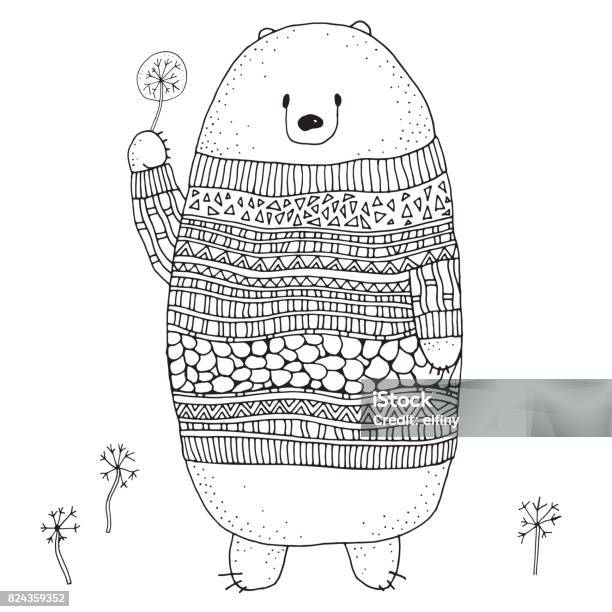 Cute Bear In A Sweater With A Dandelion Coloring Book Page For Adult And Children Black And White Doodle Vector Illustration Stock Illustration - Download Image Now