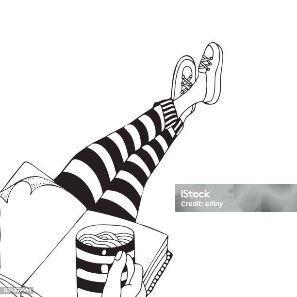 Someone Is Sitting And Drinking Coffee People Legs Black And White Cartoon Style Doodle Vector Stock Illustration - Download Image Now