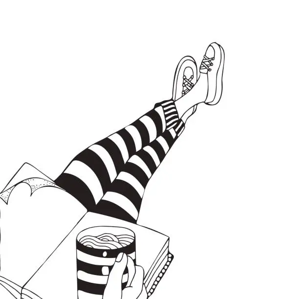 Vector illustration of Someone is sitting and drinking coffee. People legs. Black and white. Cartoon style. Doodle, vector.