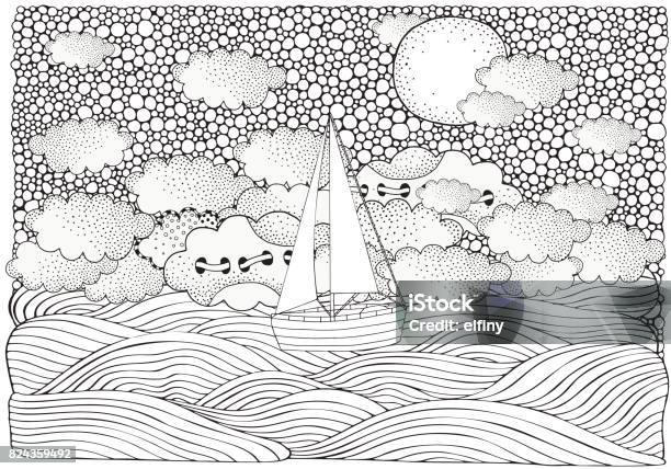 The Boat Floating On The Waves Night Moonwaves Boat Sea Art Background Vector Pattern For Adult Coloring Book Black And White Stock Illustration - Download Image Now