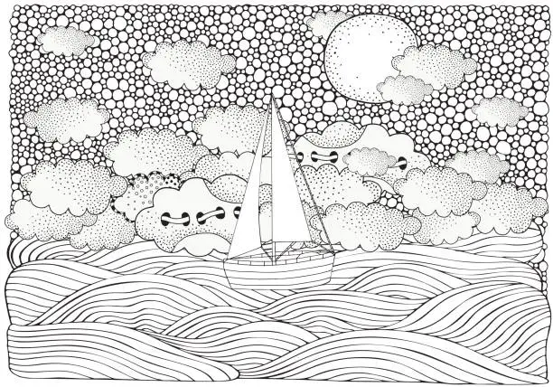 Vector illustration of The Boat floating on the waves. Night, moon,waves, boat, sea, art background. Vector pattern for adult coloring book. Black and white.