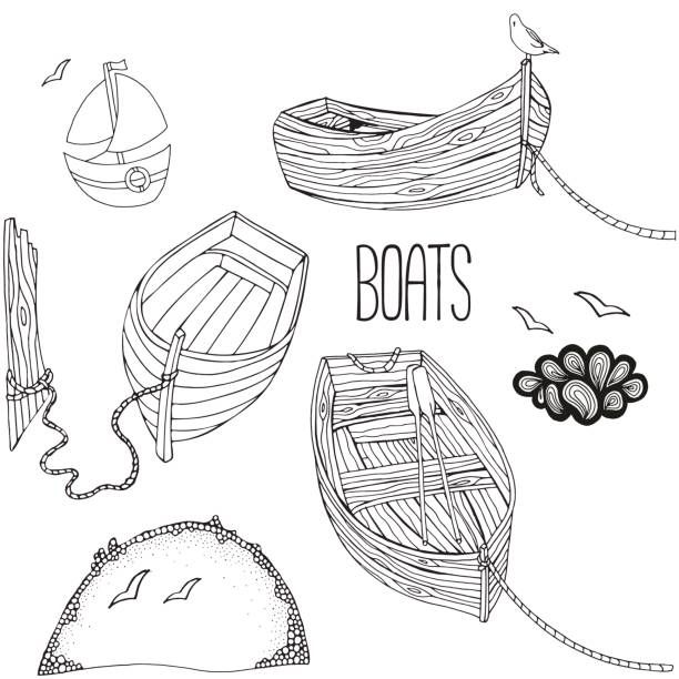 ilustrações de stock, clip art, desenhos animados e ícones de set of boats. black and white. coloring book. doodle style. - wood yacht textured nautical vessel