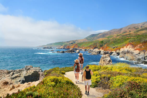 People hiking in the mountains along the shore.