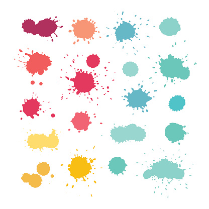 Expressive watercolor splashes. Stain vector collection, blue yellow pink purple red colors
