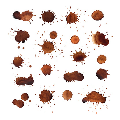 Coffee stains vector set. Splashes, isolated on white background. Brown color grunge texture tea blots collection