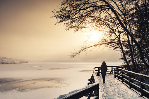 Woman walking by the frozen lake (Šmartinsko lake, Celje, Slovenia).